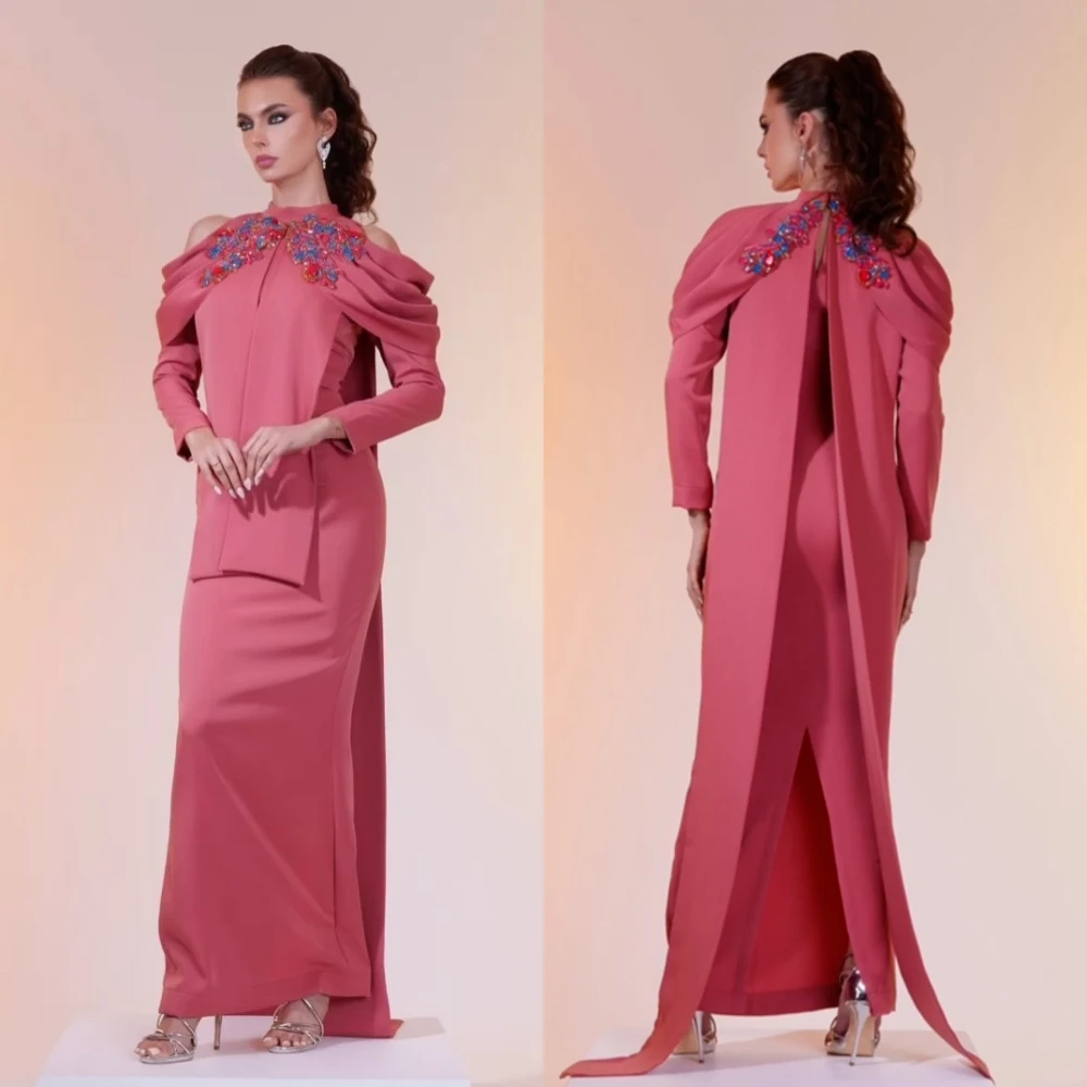 Robe de soirée à plis perlés personnalisés, robes longues, col haut, occasion sur mesure, Arabie saoudite, ligne A