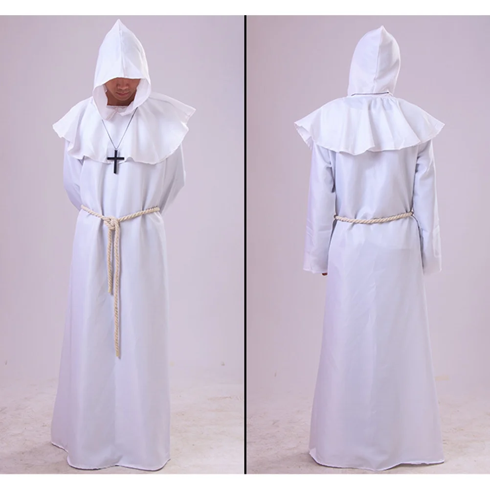 Halloween Costumes Monk Robe Cosplay Medieval Wizard Uniform White Suit Man Miss