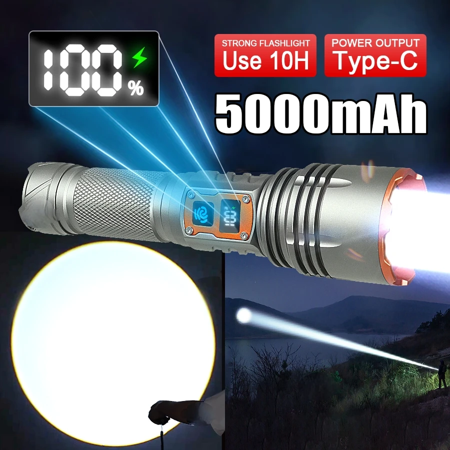 

Alloy Ultra Powerful LED Flashlight 5000mAh High Power Rechargeable Flashlight Lighting 1200M Zoom Tactical Torch Camping Walk