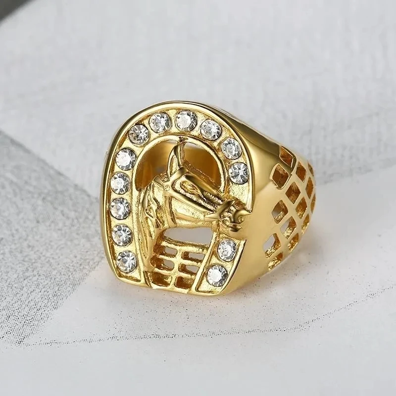 Fashionable Golden Horse Head Ring Exquisite Zircon Horseshoe Animal Horse Ring Men Hip Hop Punk Trend Jewelry Boy Gift