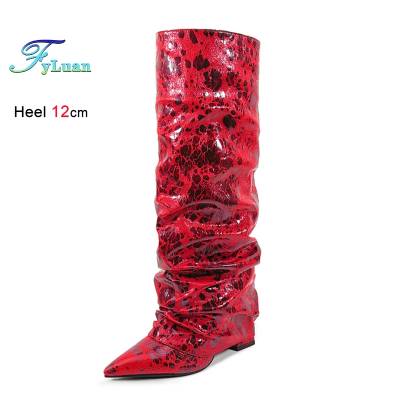 

Осенне-зимние женские сапоги на высоком каблуке 12 см с острым носком и отворотом, большие размеры, для вечеринок, широкая посадка, высокие сапоги