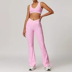 Women 2PCS Yoga Suit Gym Sportswear Sports Set Fitness Tracksuits Workout Breathable Bra Loose Bell-bottoms Leggings Yoga Sets