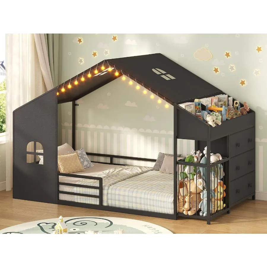 Montessori Twin Floor Bed For Bedrooms: Wooden House-Shaped Design With Night Light, Toy Storage Drawers And Picture Book Shelf