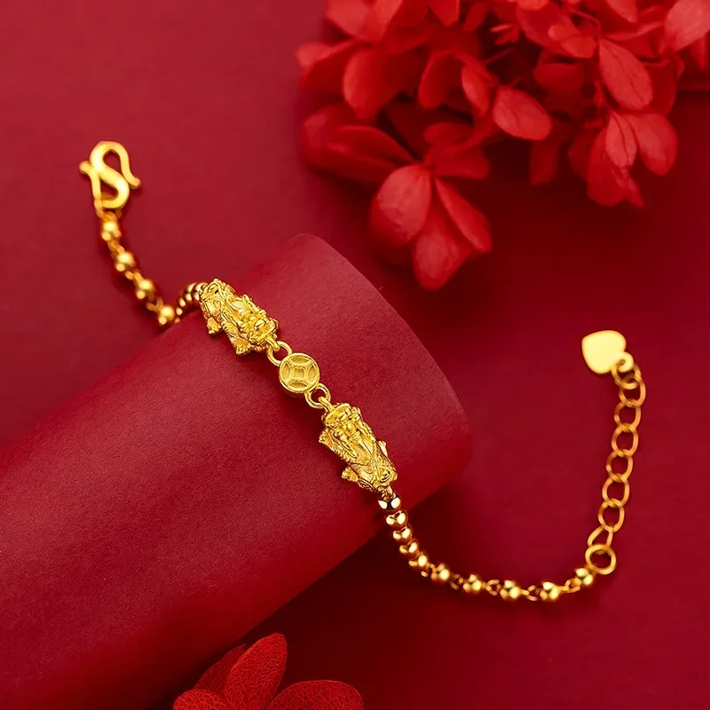 

24K Yellow Gold Women's Brave Beads Bracelet, 9999 Real Gold Women Bracelet Temperament Light Luxury Elegant Jewelry