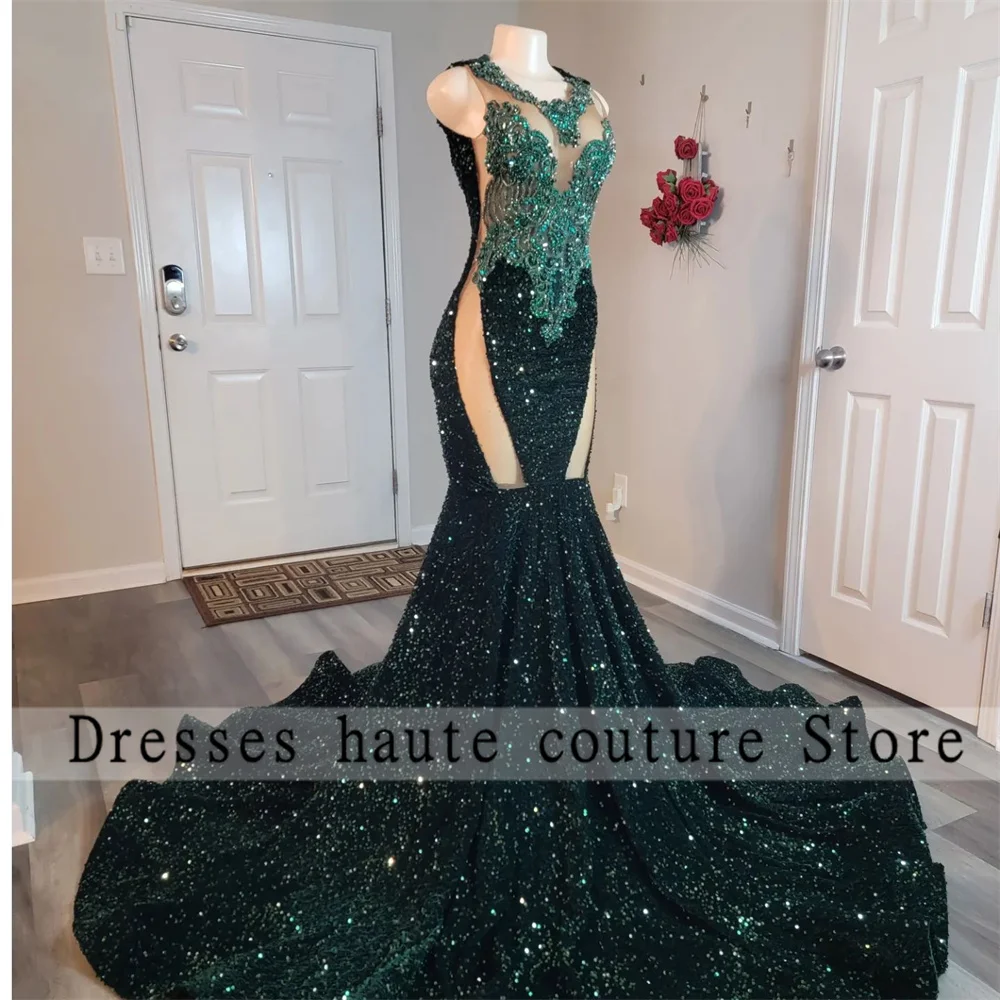 Sparkly Emerald Green Sequins Prom Dresses For Black Girls 2024 Luxury Beaded Appliques Evening Dresses Wedding Party Dress