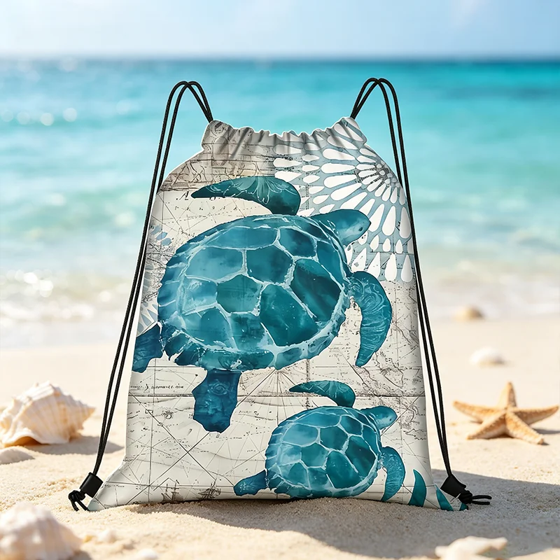 1Pcs Sea Turtle Drawstring Bag with Vintage Ocean Map, Sports Gym Sackpack for Shopping, Ideal Birthday Gift Idea for Friends