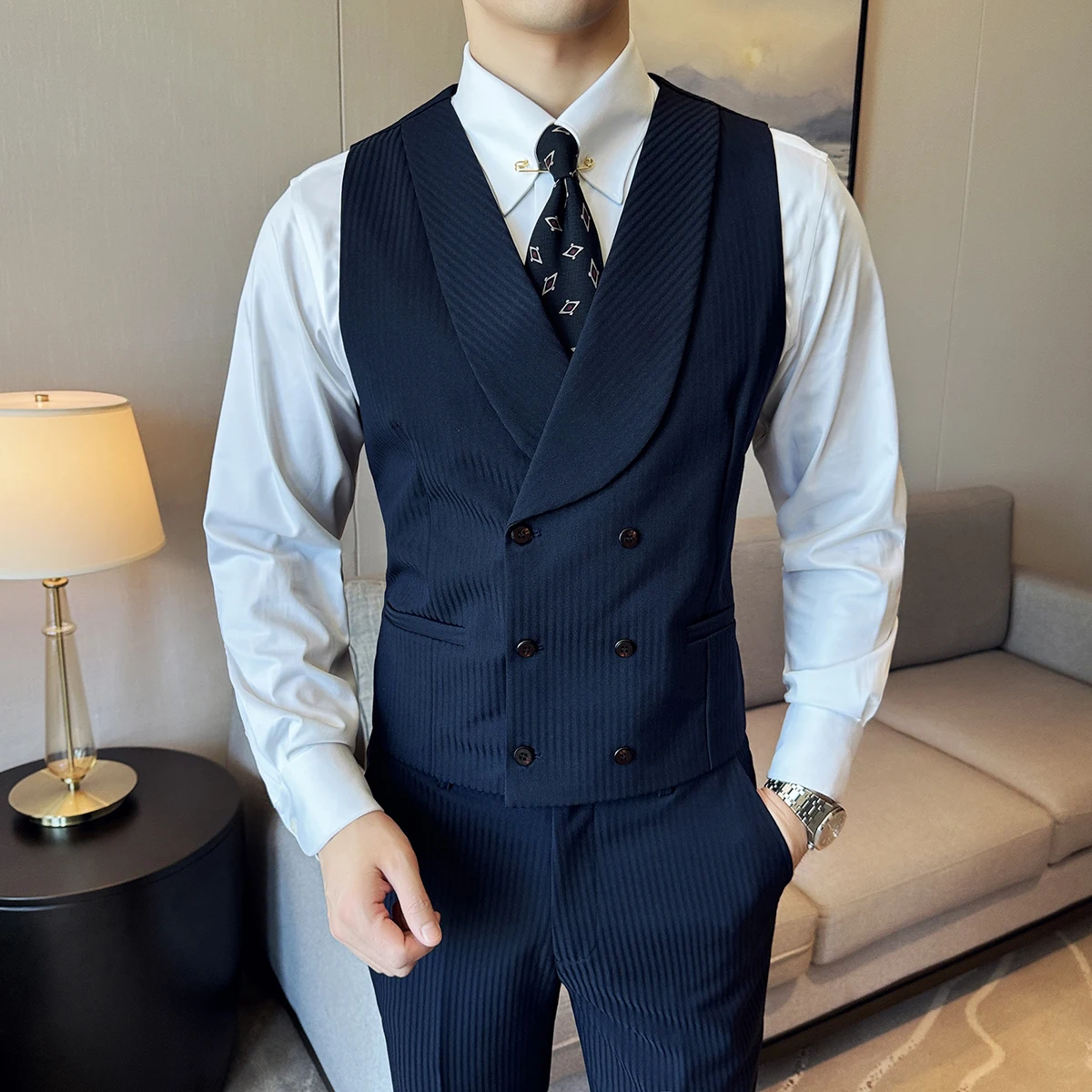 (ベスト + パンツ) 男性高級ストライプダブルブレストデザ - Men'S Grooming Club のレビューと価格