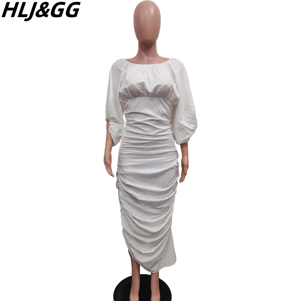 HLJ&GG Fashion Ruched Design Irregular Mid Dress Women Round Neck Lantern Sleeve Solid Color Slim Vestidos Elegant Lady Clothing