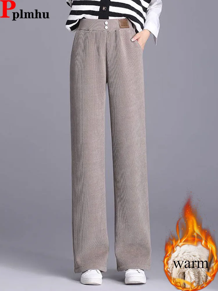 

Женские повседневные свободные прямые брюки, корейские модные эластичные спортивные штаны с высокой талией на флисовой подкладке, зимние теплые утепленные однотонные брюки