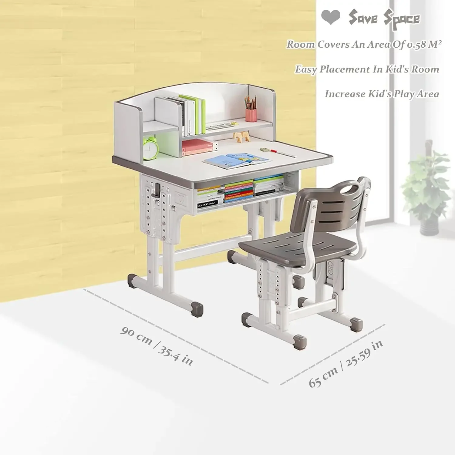 أطقم كراسي مكتب دراسة للأطفال، ارتفاع قابل للتعديل، تصميم مريح، مع درج تخزين كبير ورف كتب، رمادي، لغرفة النوم