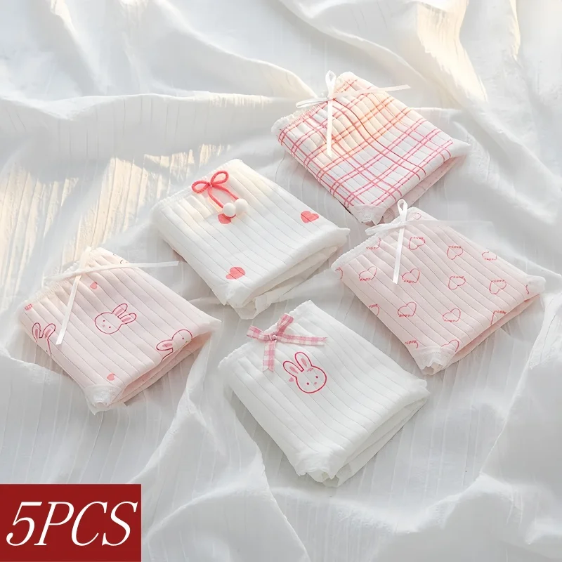 

5 шт./компл. трусы с милым кроликом, женское нижнее белье, удобные трусики, женские трусы с низкой талией, дышащее нижнее белье, хлопковое нижнее белье