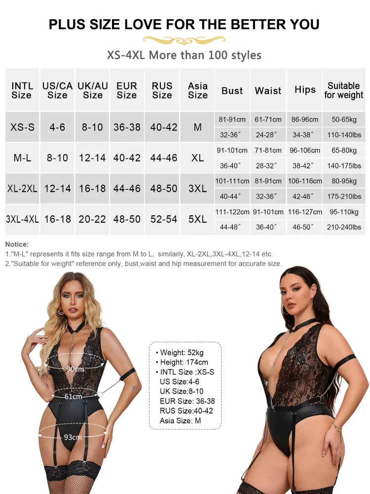 Comeondear Deep V Teddy Black Lace Leather Women Sleeveless Bodysuits Sexy Lingerie Belts Chain Bondage Pajama Plus Size Leorard