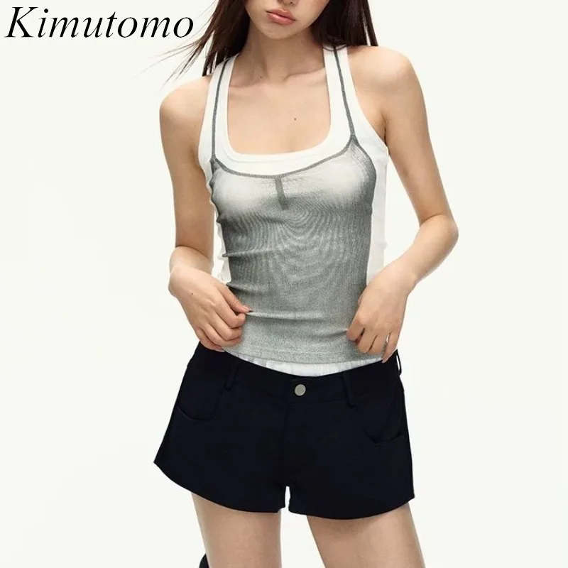 Kimutomo Women Fake Two Piece Tank Top Layered Look Mesh Overlay White Grey Sleeveless Vest Y2K Harajuku Aesthetic Slim Top 2026