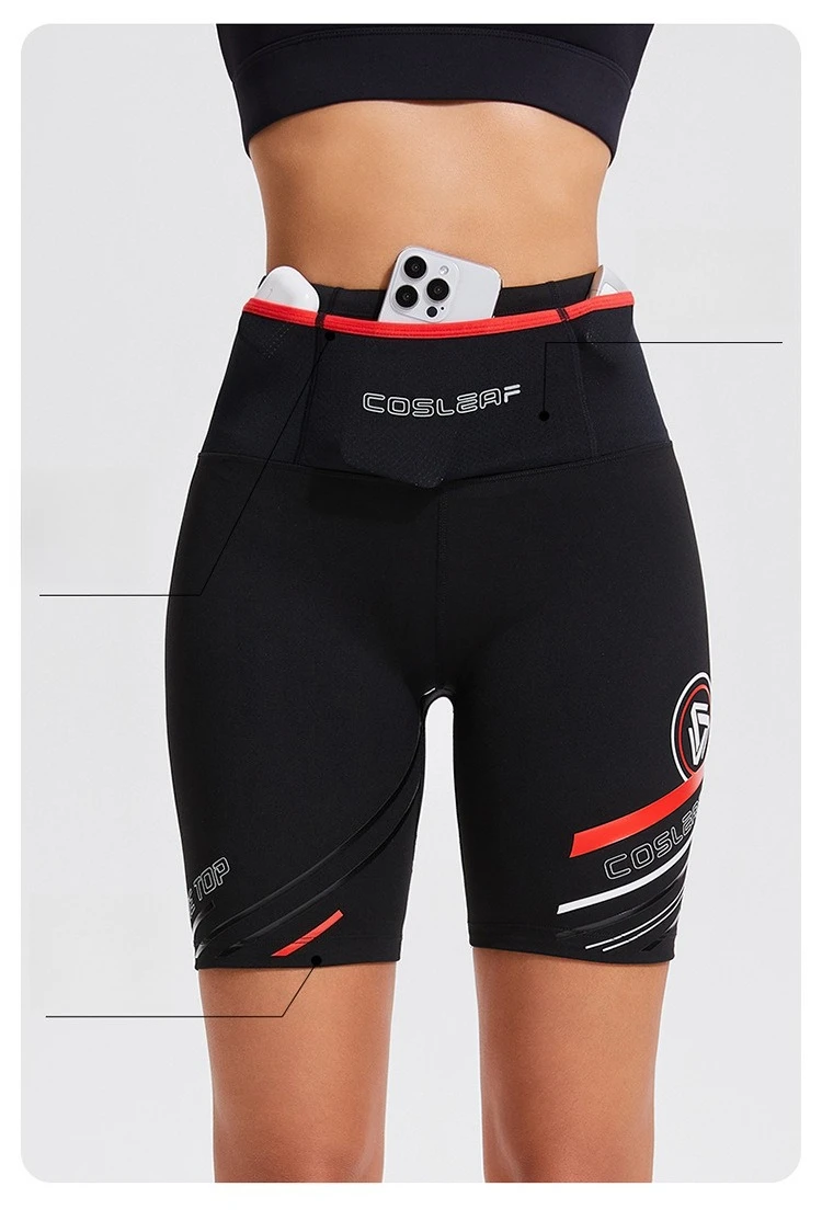 Sommerliche, kühlende schwarze Damen-Laufshorts mit hoher Taille, Bauchkontrolle, integriertem Slip, Po-Lifting und nahtlosem Rippdesign – Detail 5