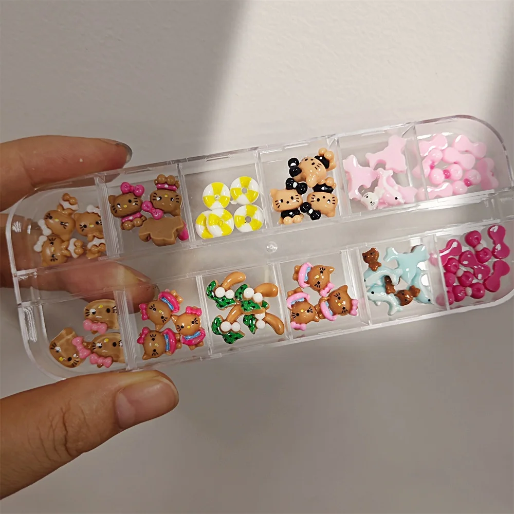 12grid/Box 5DCartoon Tanning Hello Kitty Nail Charms 8X10mm Black Shin  Kitty Nail Art Y2k Pink/White/Black Bow Kitty Nail Parts
