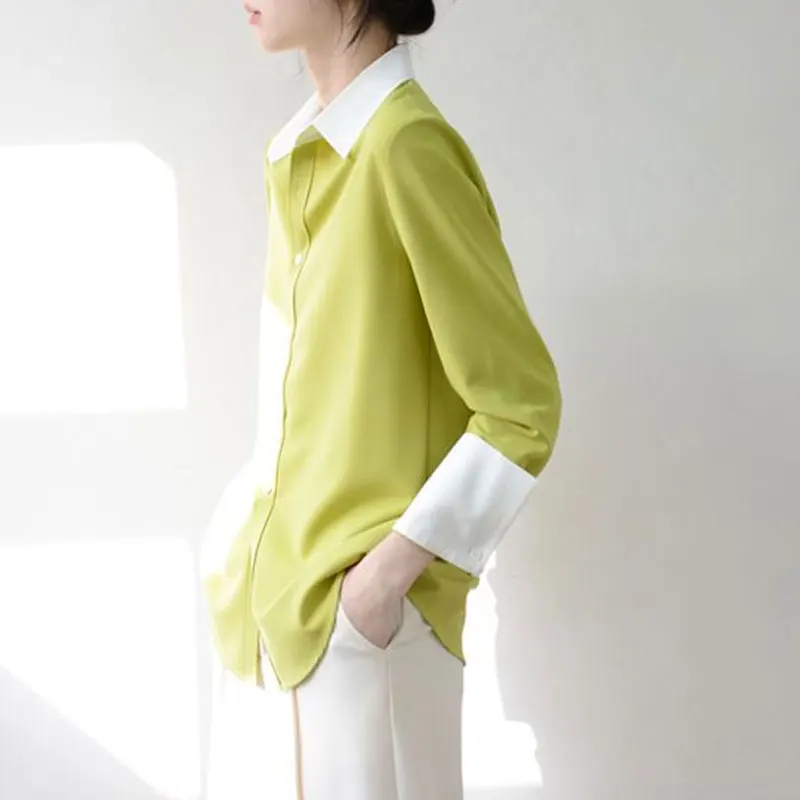 Stylish Solid Color Patchwork Shirt Spring Autumn Korean Loose Female Clothing Commute Polo-Neck Casual Single-breasted Blouse