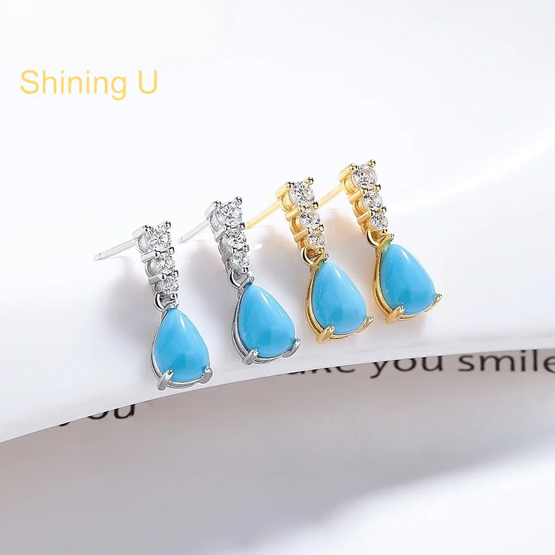 Shining U 925 Sterling Silver Pear Turquoise Drop Earrings for Women Fine Jewelry Summer