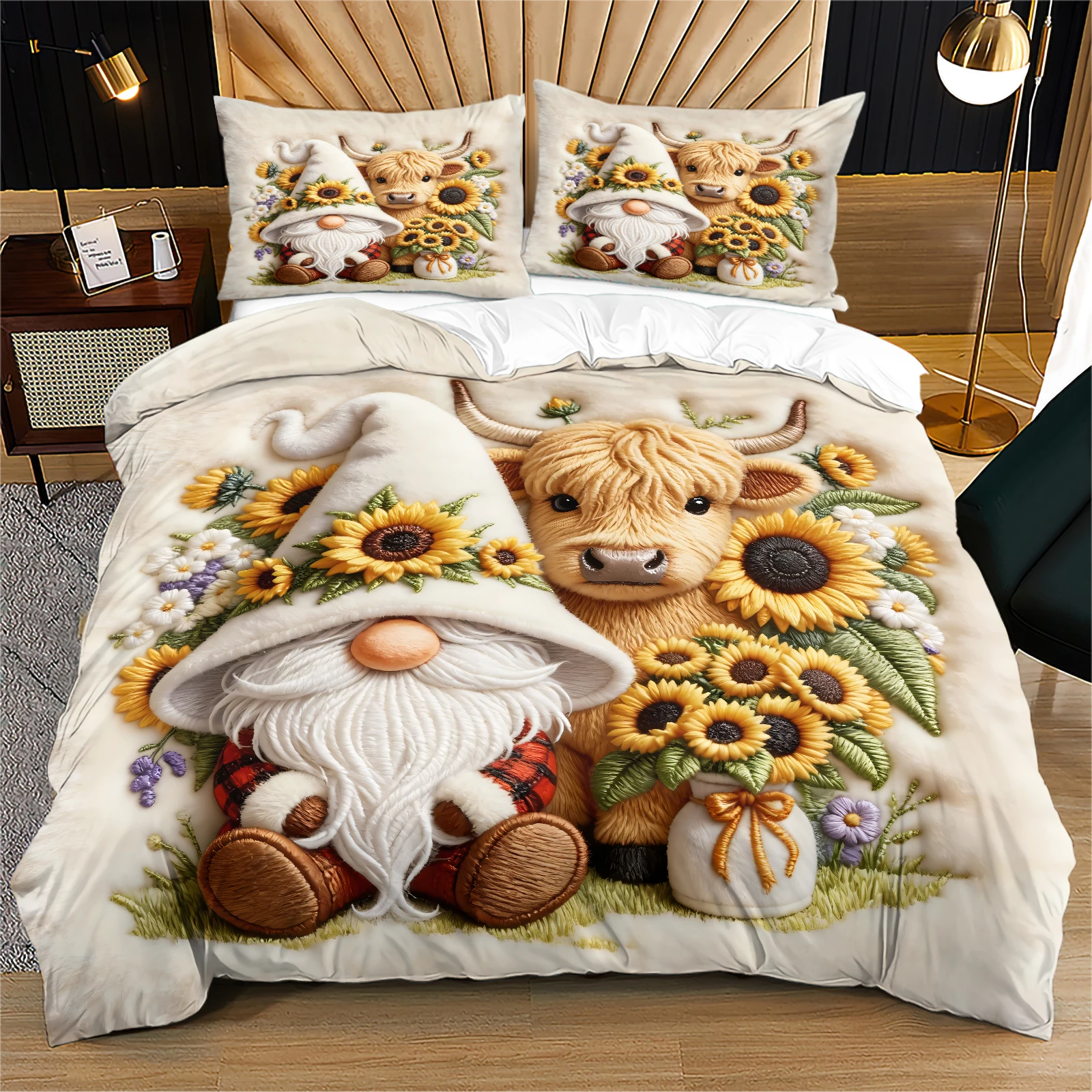 Sunflower Highland Cow Gnome Bedding Duvet Cover Set All‑Season Soft Breathable Bedding Rustic Country Bedroom Decoration