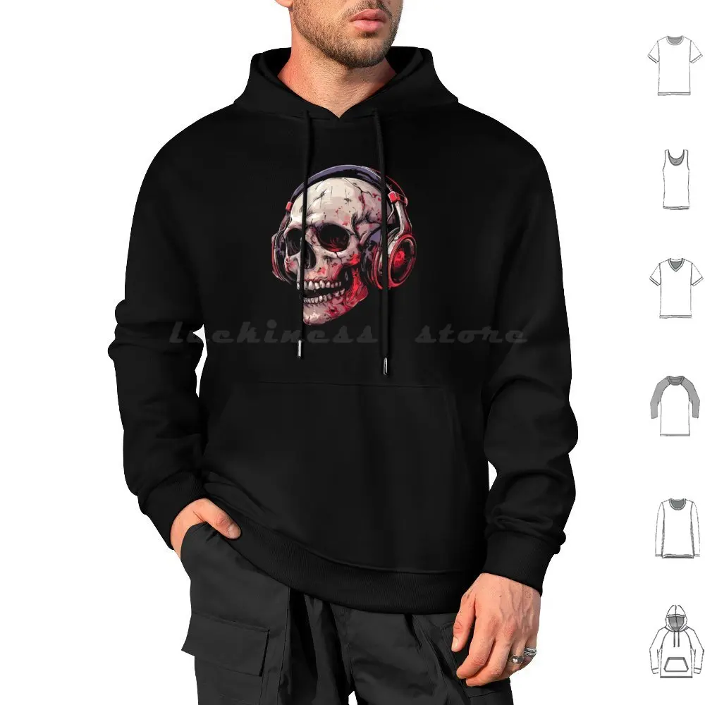 Skull In Headphones Hoodie cotton Long Sleeve Bones Gothic Dark Skull Skulls Skeletons Horror Halloween Headphones