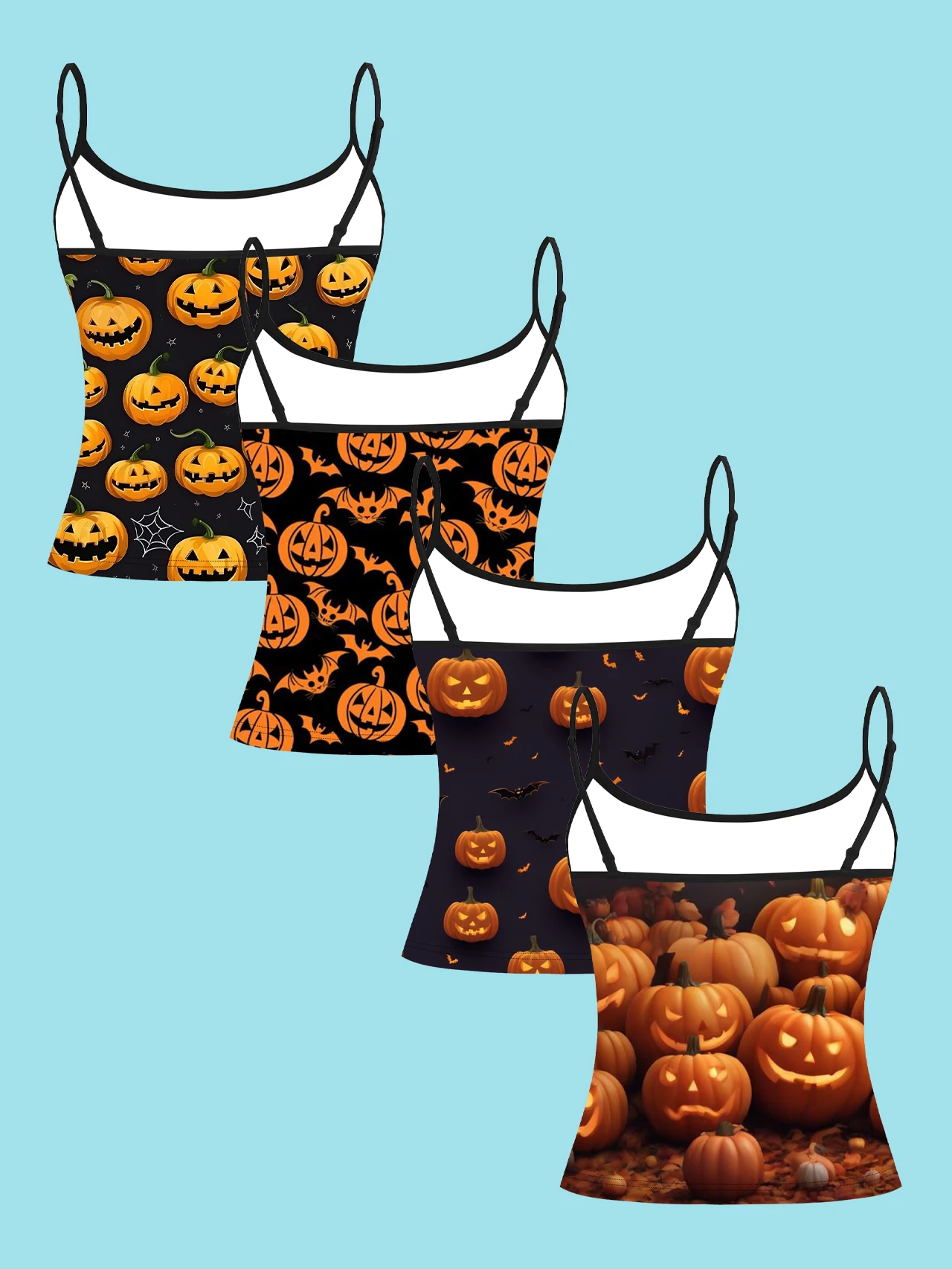 4-Piece Set of Halloween All-Over Print Pumpkin and Bat Women's Camisoles, Featuring Spider Web, Stars, and Pumpkin Field Scene Prints, Slim-Fit Spaghetti Strap Short Camisole Tops