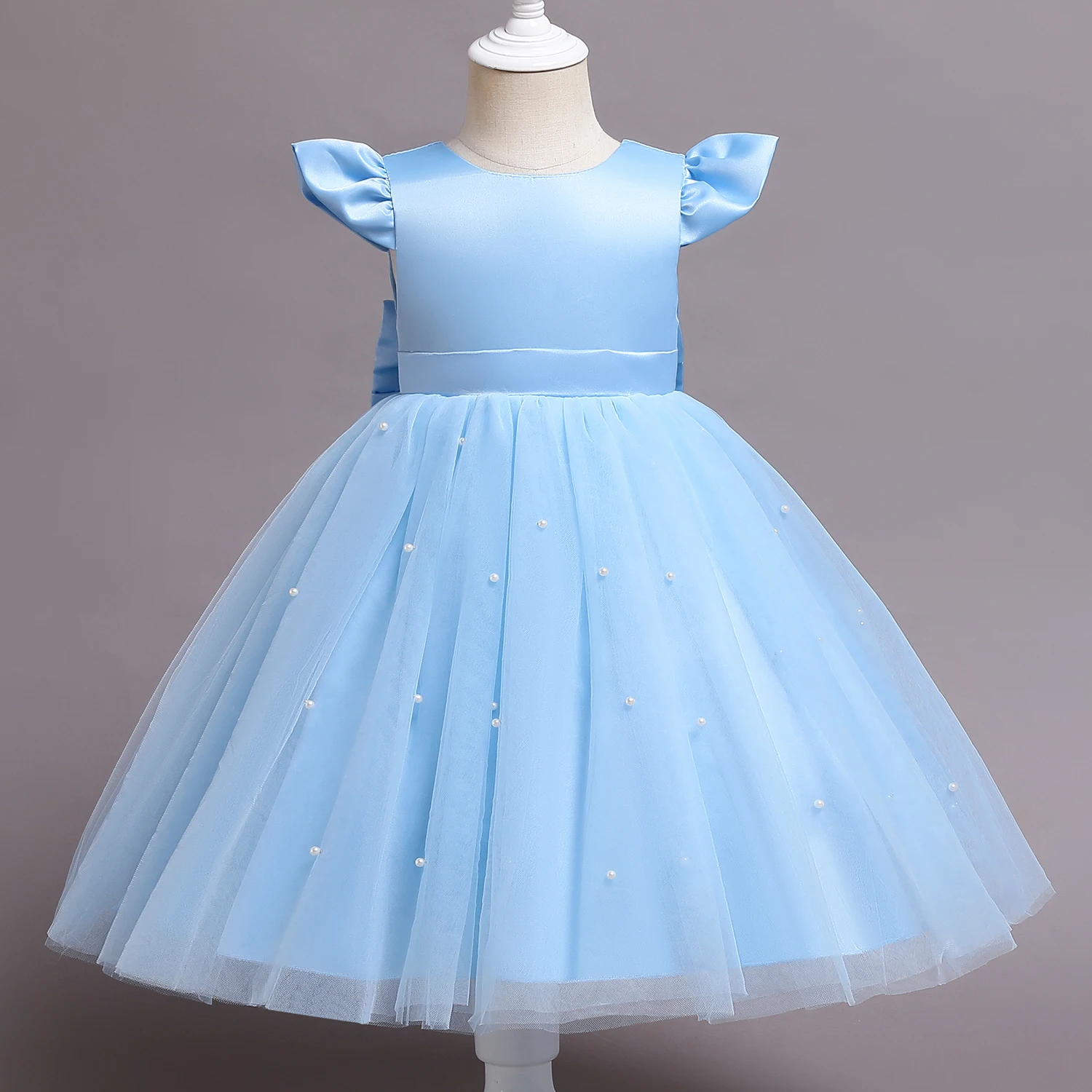 Toddler Baby Girl Birthday Party Dresses Backless Bow Beading Blue Princess Dress Newborn Infant Baptism Ceremony Costume 1-5Yrs