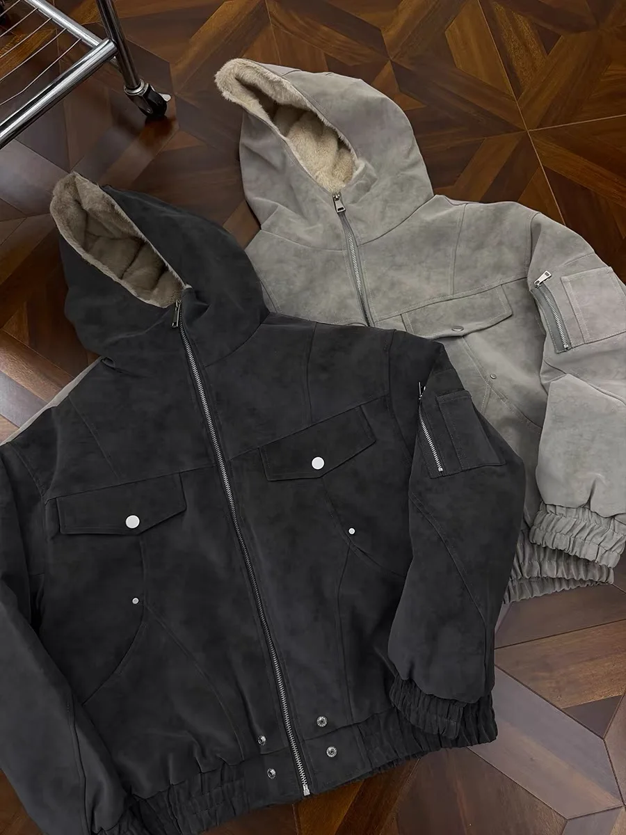 

Retro American Cleanfit Hooded Collar Loose Cotton Jaet ex Winter Versatile Marble Mountain Carving Pattern Youth Casual