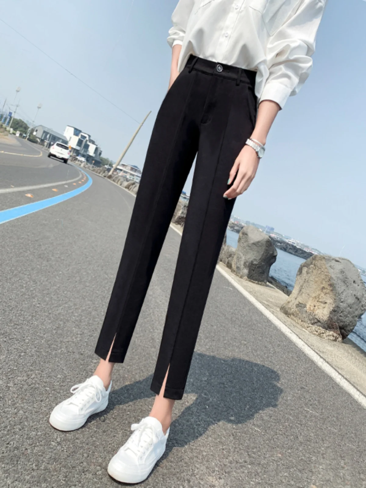 

Повседневные женские брюки из ледяного шелка с асимметричным высоким поясом, прямые, облегающие, летние, модные, из прочного полиэфирного волокна