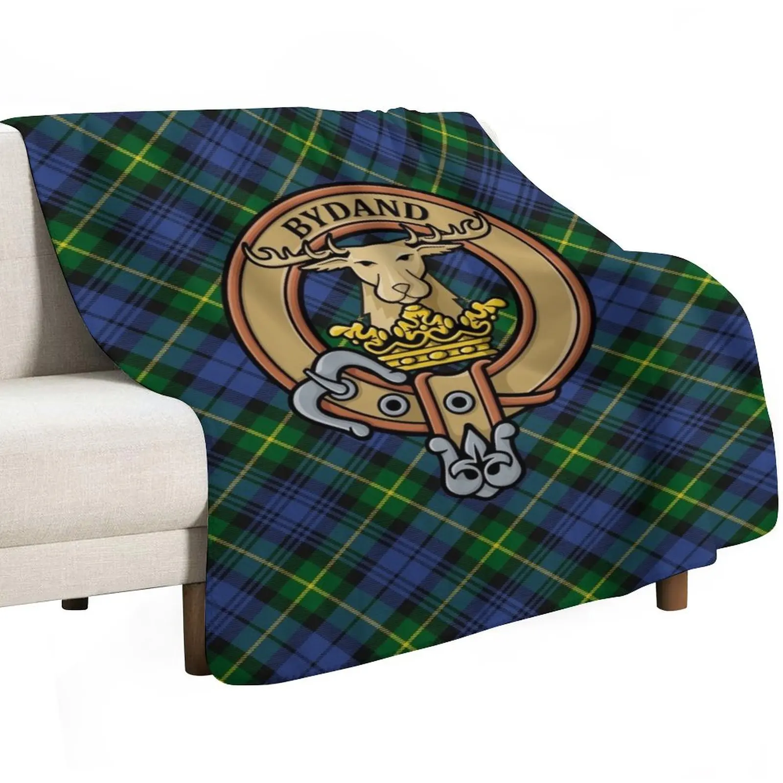 Clan Gordon Crest over Tartan Throw Blanket For Decorative Sofa Softest Plush Polar Beach Luxury Designer Blankets