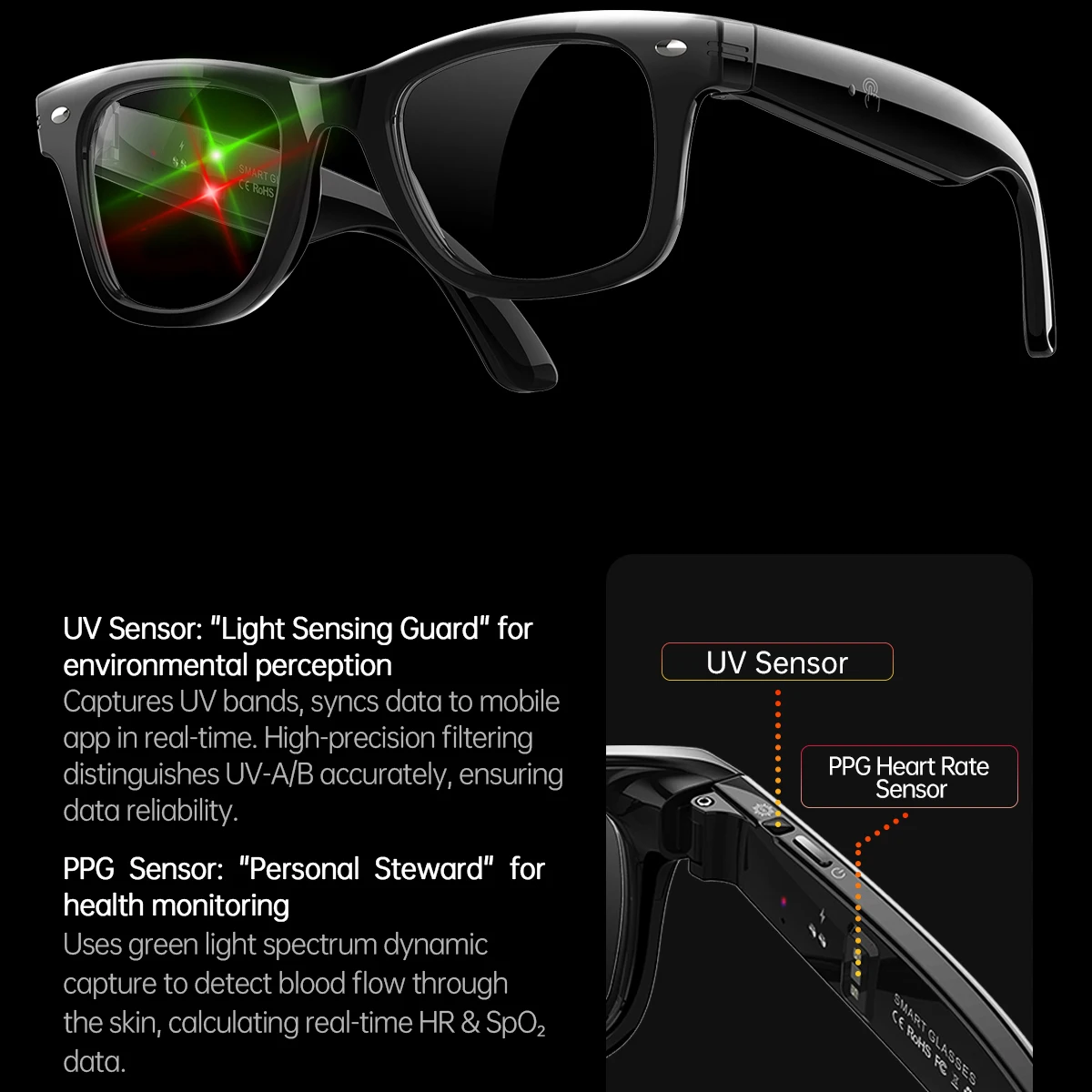 

UV Detection Health Management AI Smart Glasses AI Conversation 100+ Languages Translation Music Control Bluetooth Calling W300