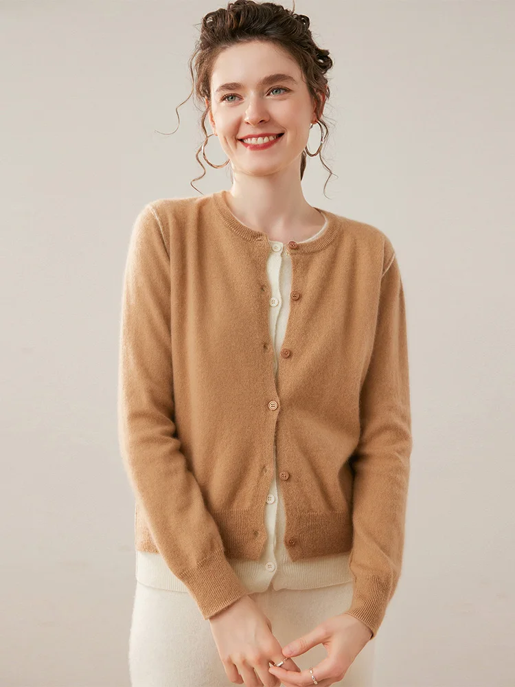 2025 nouvelles femmes pull en cachemire col rond boutons Cardigan 100% cachemire tricots automne hiver vêtements hauts conception de blocage de couleur