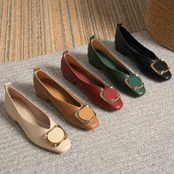 Woman Summer Casual Square Toe Cute Metal Mary Janes Buckle Ballerina Flats Female Bling Elegant Low Heeled Soft Soled Shoes