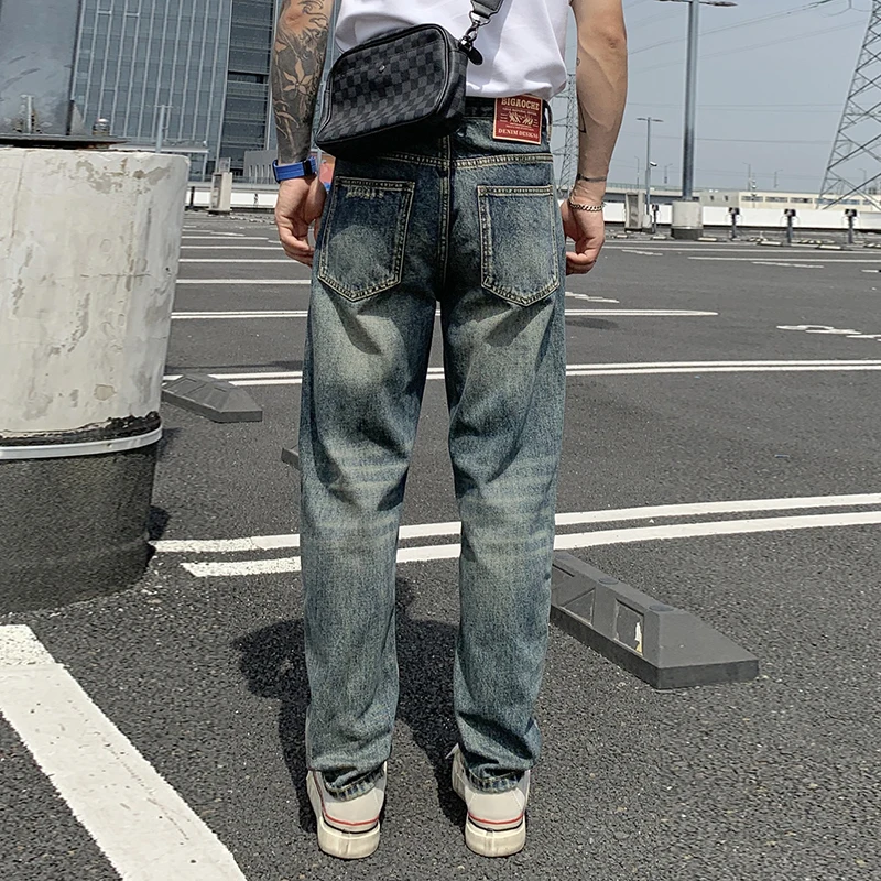 กางเกงยีนส์เดนิมทรงตรงหลวมสไตล์สตรีทแวร์สำหรับผู้ชาย รุ่น Autumn Men's Star Hole Cargo  ทรงขาตรง  ใส่ทำงานได้  สไตล์ Y2K