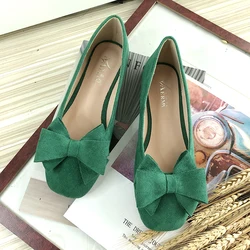 Flat Shoes for Women with Bowknot Grass Mustard Green Square Head Pure Color Leather Soft Sole Comfortable Women Flats Spring