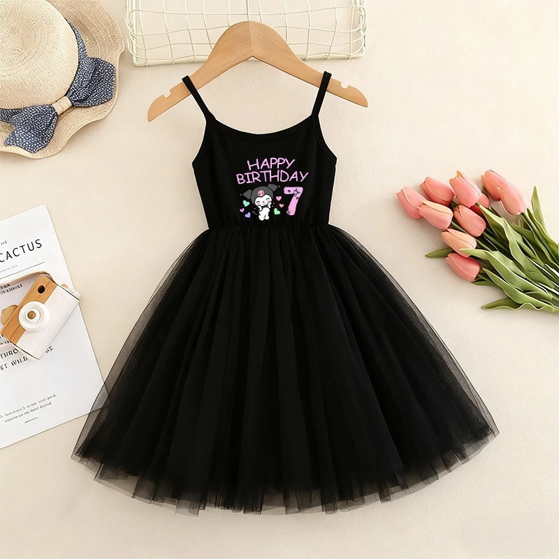 

Kuromi Girl birthday Princess Skirt Slip Dress Children Casual Dresses Clothing Print Net Yarn Short-Sleeved Pleated Dress Gift