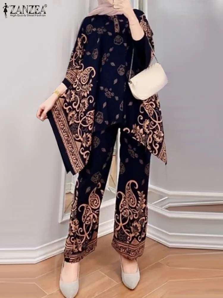 

Bohemian 3/4 Sleeve Blouse Pants Sets ZANZEA Women Vintage Floral Printed Muslim Sets Casual Islamic Clothing Abaya Tracksuit