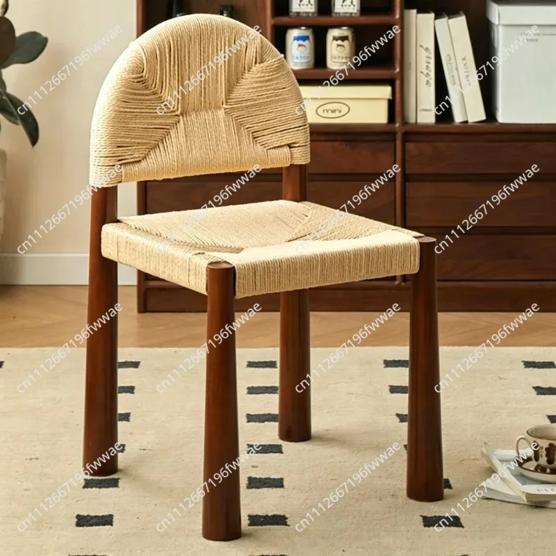 Vintage Solid Rope Weaving Chair Minimalist Cream Style Single Seat Designer Dining Chair Creative Backrest Modern Furniture