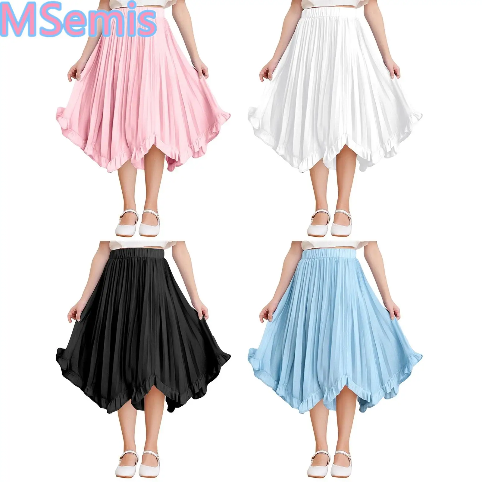 

Kids Girls A-line Pleated Chiffon Skirt Solid Color Curly Hemline Elastic Waistband Elegant Skirt for Party Casual Daily Wear