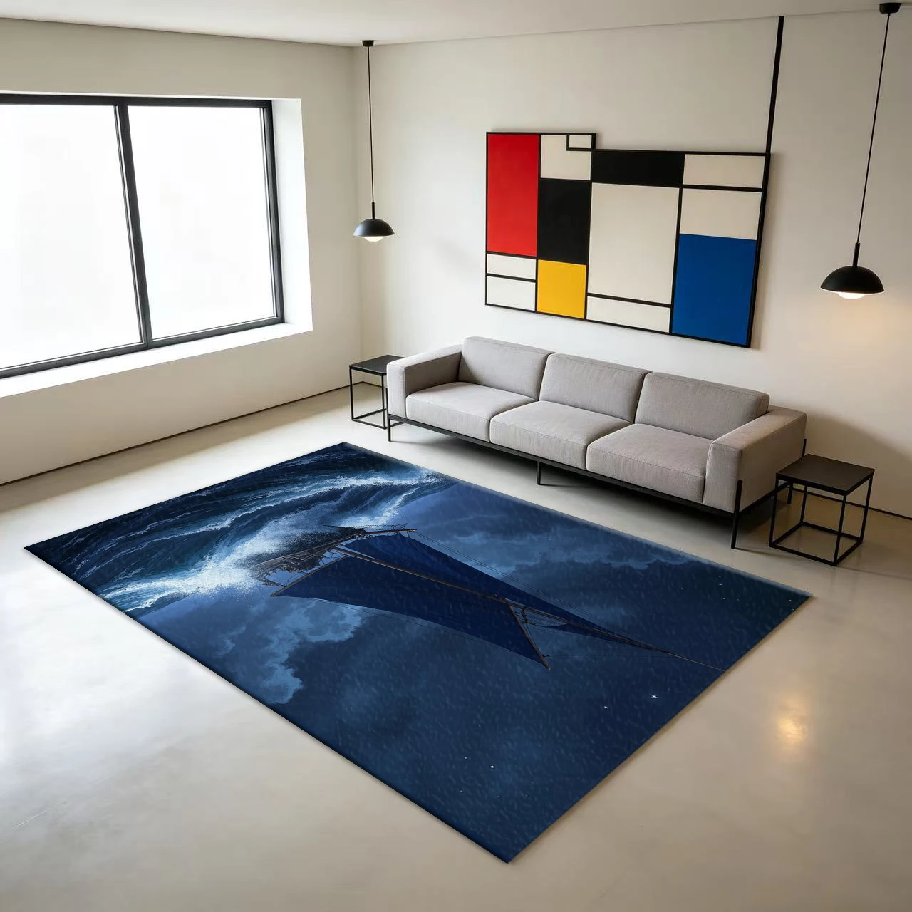 Nighttime Ocean Sailboat Scenery Carpet Floor Mat Mysterious Sea Waves Non-Slip Floor Mat for Home Decoration