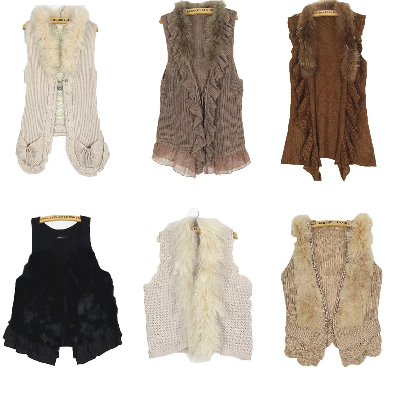 

Винтажный вязаный кардиган тысячелетия с воротником из кроличьего меха, кожаный жилет для живота, уличная одежда, теплая осень-зима, женская без све...