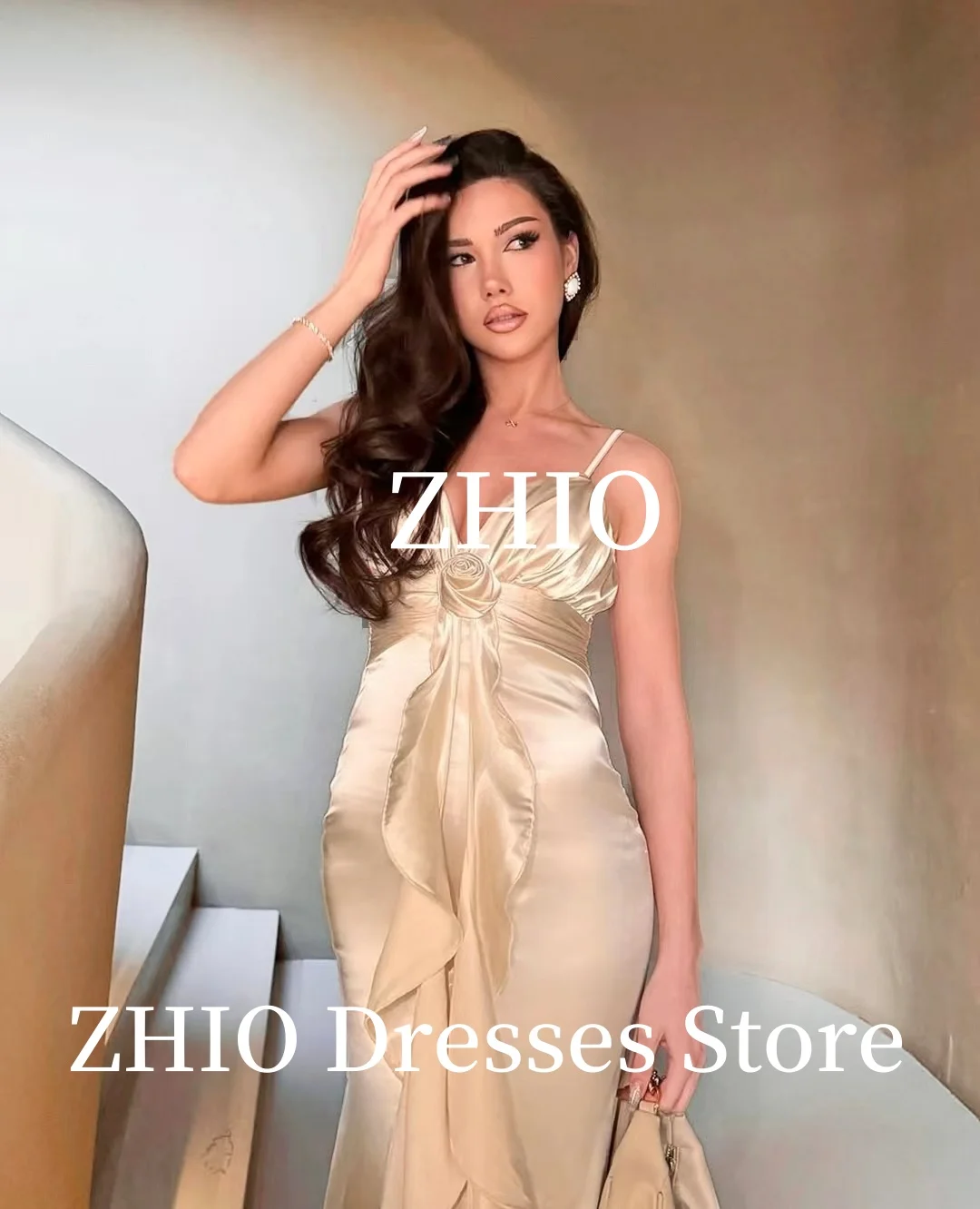 ZHIO Elegant Champagne Evening Dresses Spaghetti Straps Rose Draped Floor Length Formal Occasion Party Dress Prom Gown Customize
