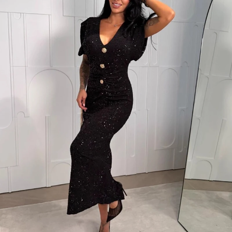 Abito lungo elegante da ufficio in tinta unita Abito estivo a maniche corte con scollo a V da donna sexy Abito a trapezio slim fit con bottoni in paillettes