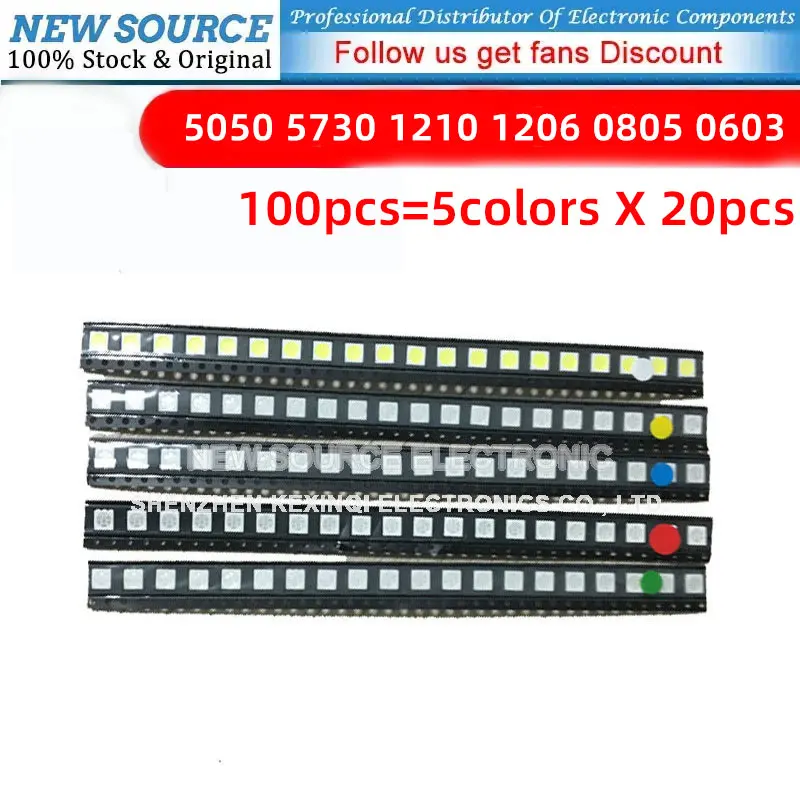 100pcs=5colors X 20pcs 5050 5730 1210 1206 0805 0603 LED Diode Assortment SMD LED Diode Kit Green RED White Blue Yellow