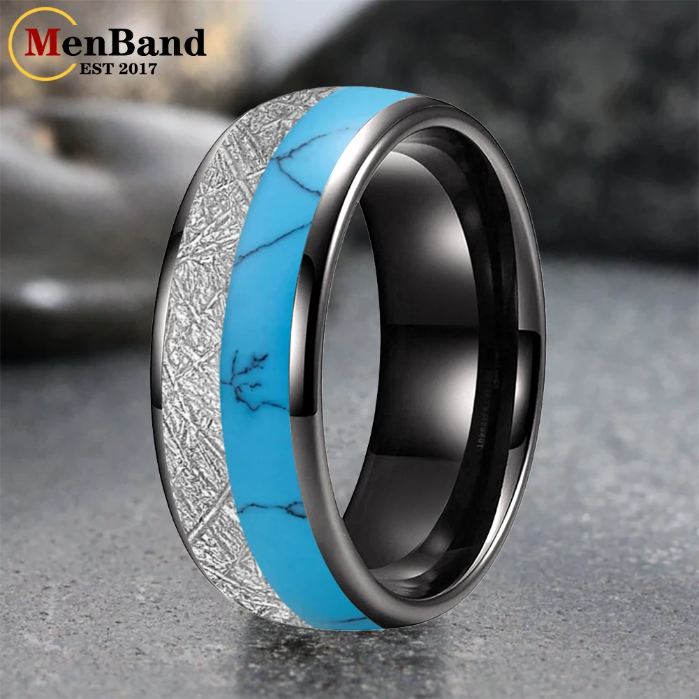 

MenBand 6/8MM Tungsten Wedding Band Ring with White Meteorite and block-like Turquoise Inlay Comfort Fit Ring for Men And Women