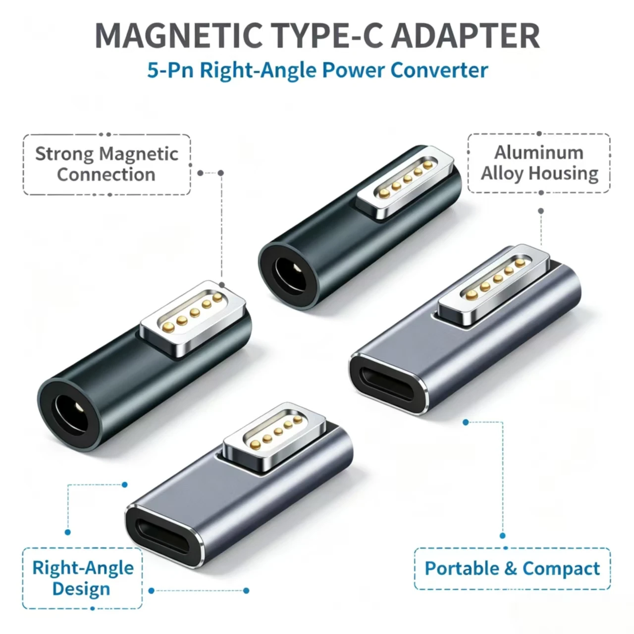 Right‑Angle Magnetic Power Charging Adapter for MacBook, Type‑C / DC5521 Female to Magsafe1 Magsafe2 Male PD Charging Converter