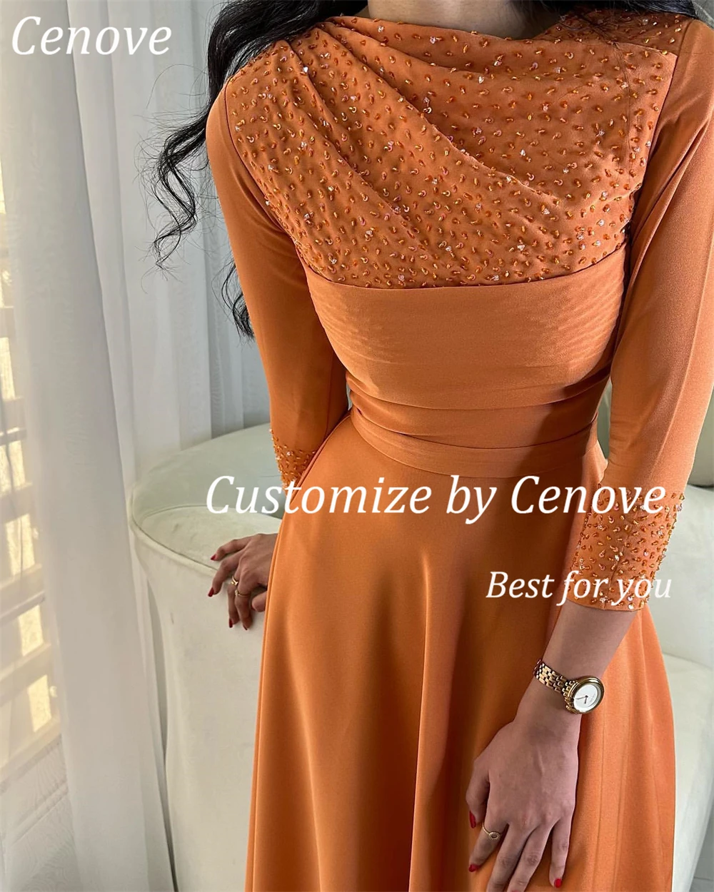 Cenove Long Sleeves A-Line Evening Gown Formal Princess O-Neck Beaded Prom Orange New Party Dresses for Women 2023