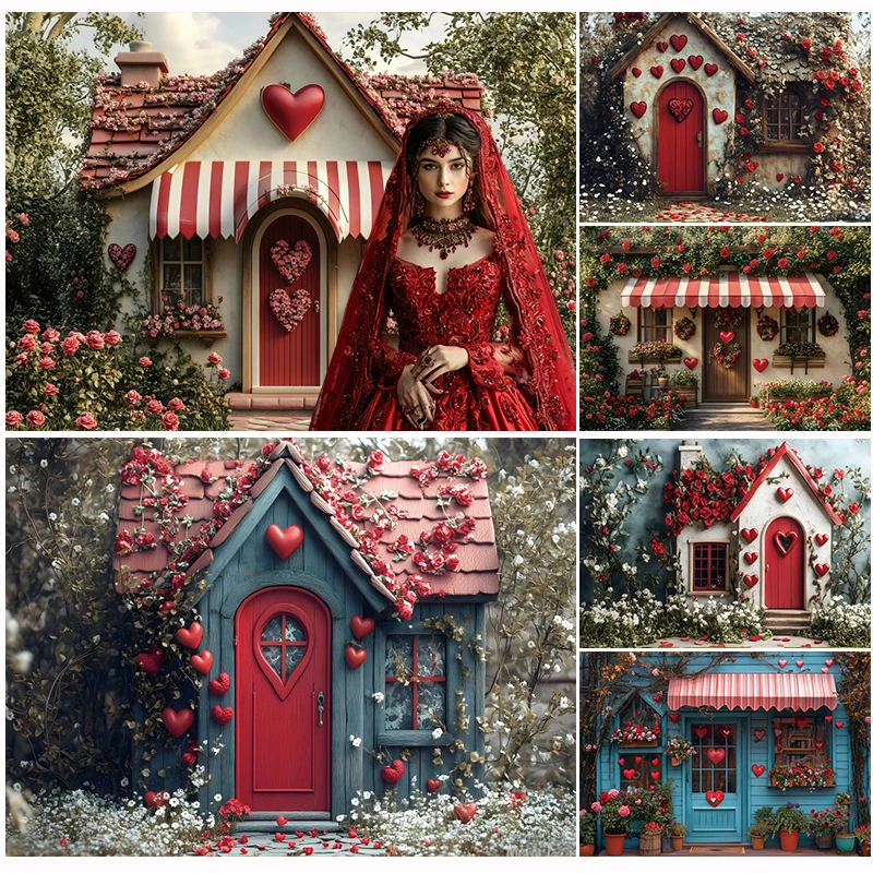 Romantic Valentine's Day Backdrop Vintage Cottage Red Rose Flower Love Wood House Wedding Couple Portrait Photography Background