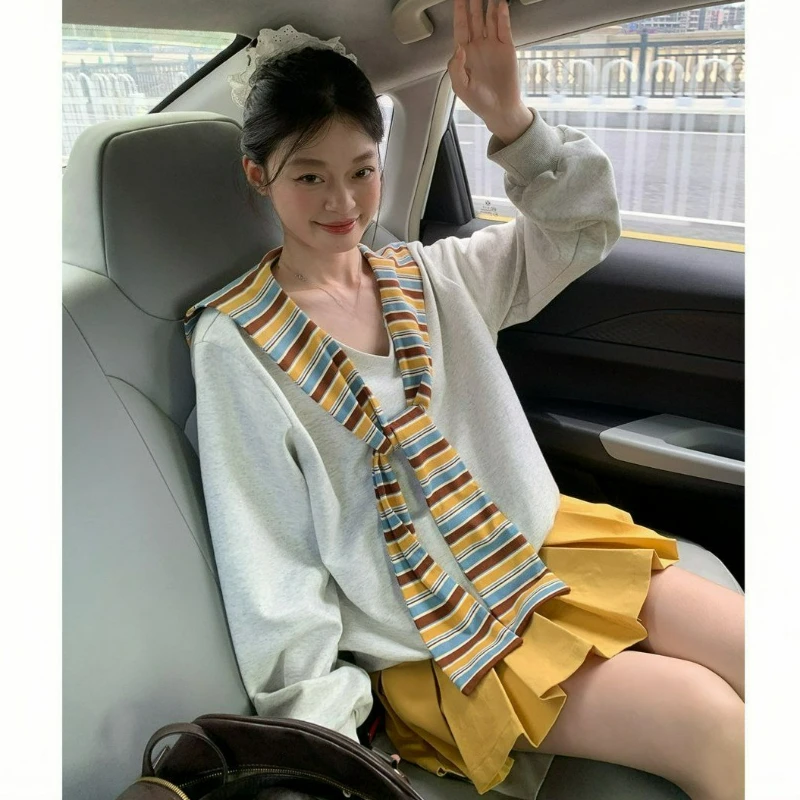 

Korean Laid-back Style 2026 Spring/Autumn New Fashion Design V-neck Striped Shawl Faux Two-piece Hoodie Women's Long-sleeved Top