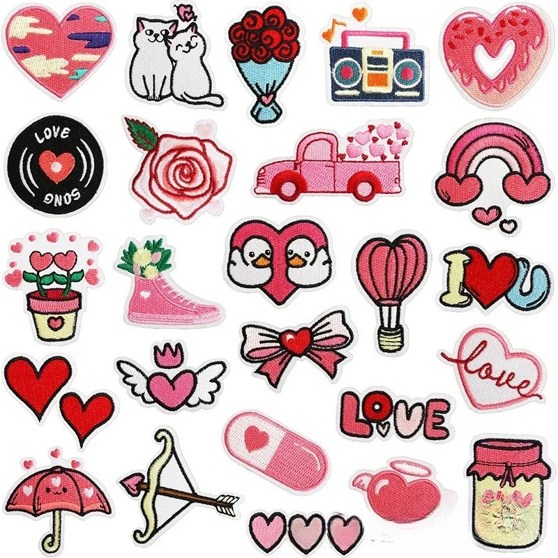 Pink Valentine's Day Embroidery Cloth Sticker Cartoon Bow Romantic Rose Chapter Boy Clothes Decorative Embroidery
