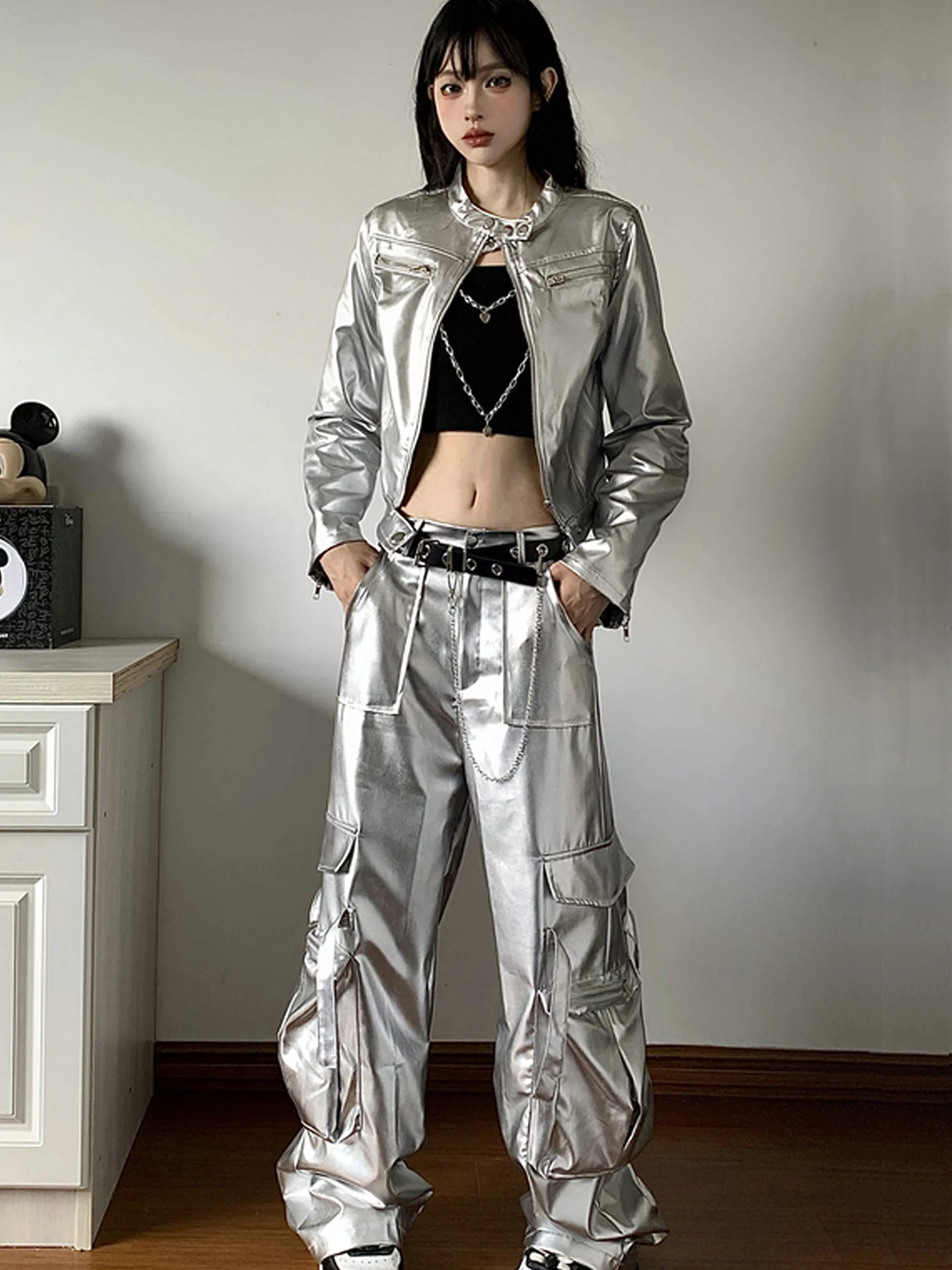 

American High Street Hiphop Silver Pocket Work Pants Women's Jazz Dance Performance Clothes Handsome Loose Wide Leg Long Pants
