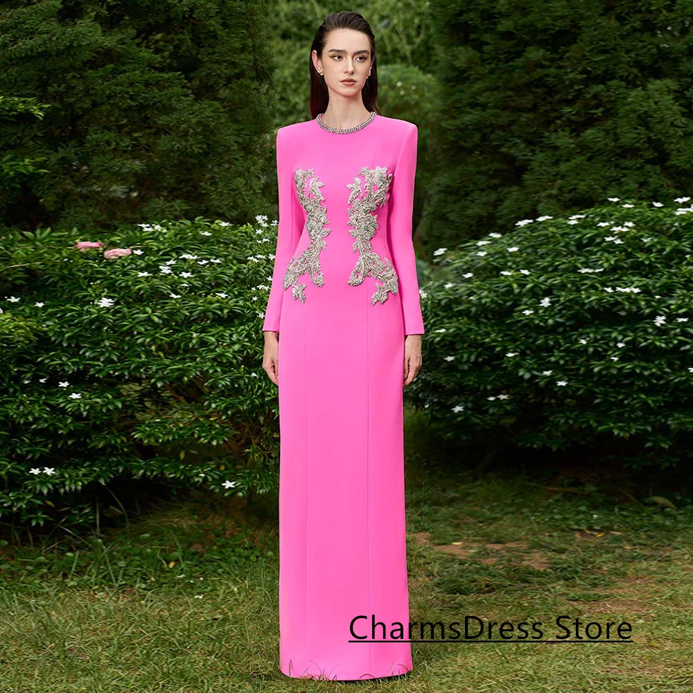 

Вечернее платье цвета фуксии на заказ с круглым вырезом и длинными рукавами, аппликация из бисера, длиной до пола, арабские вечерние платья, платье для выпускного вечера